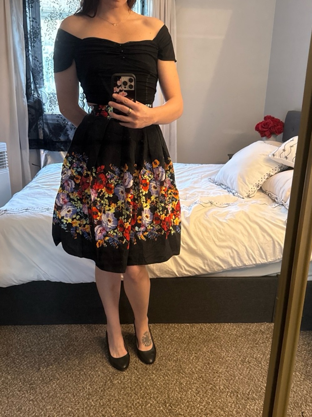 Black Floral A-Line Skirt - Vibrant Multicolor Print